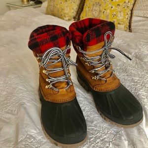J.Crew plaid and tan winter boots size 7